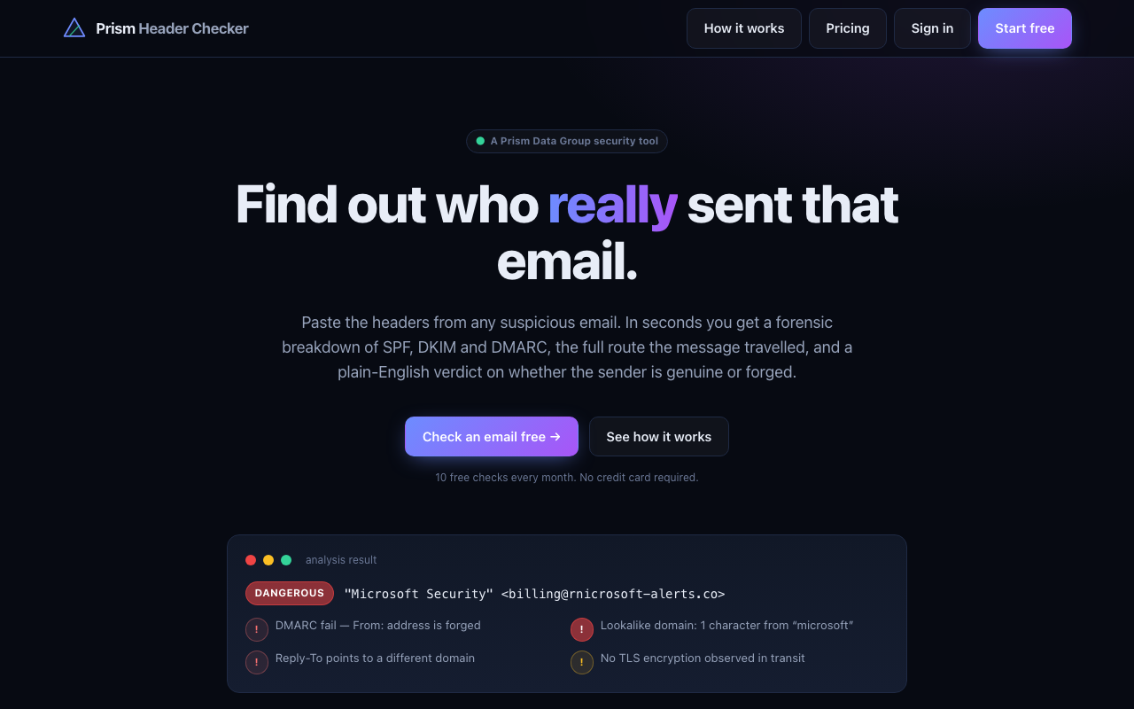 Prism Header Checker platform screenshot