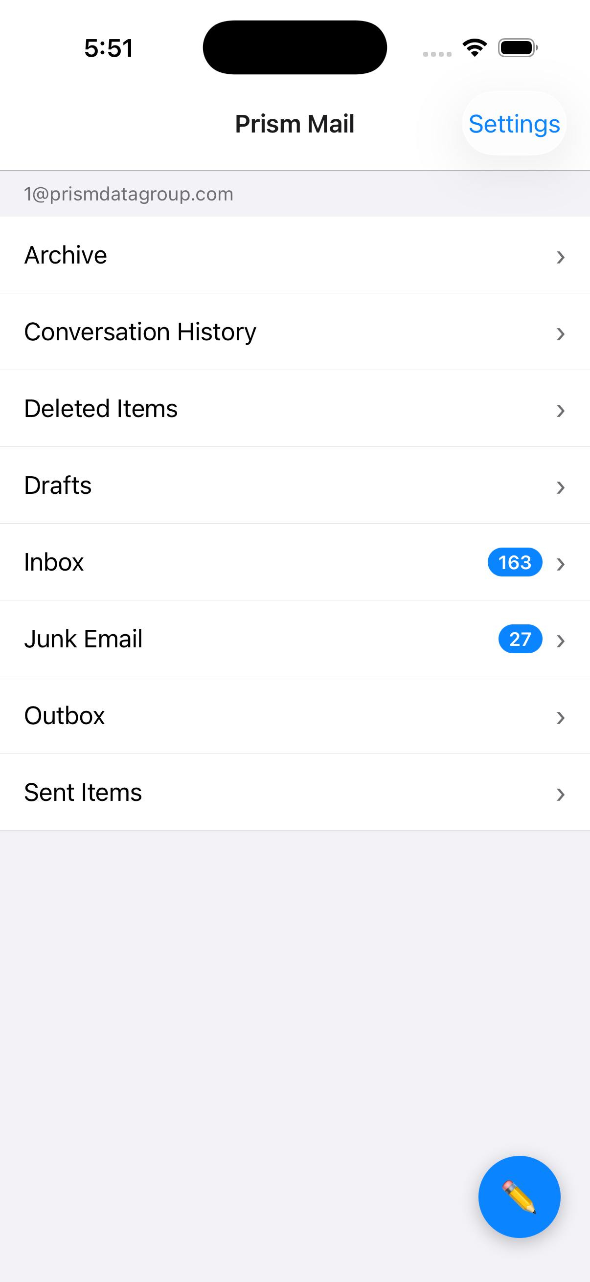 Prism Mail iOS app showing a Microsoft 365 mailbox folder list with unread counts